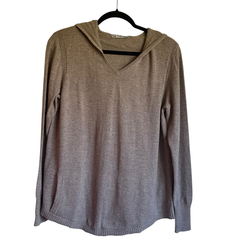 Qor Cashmere V-Neck Hoodie with‎ Kangaroo Pocket Size Large